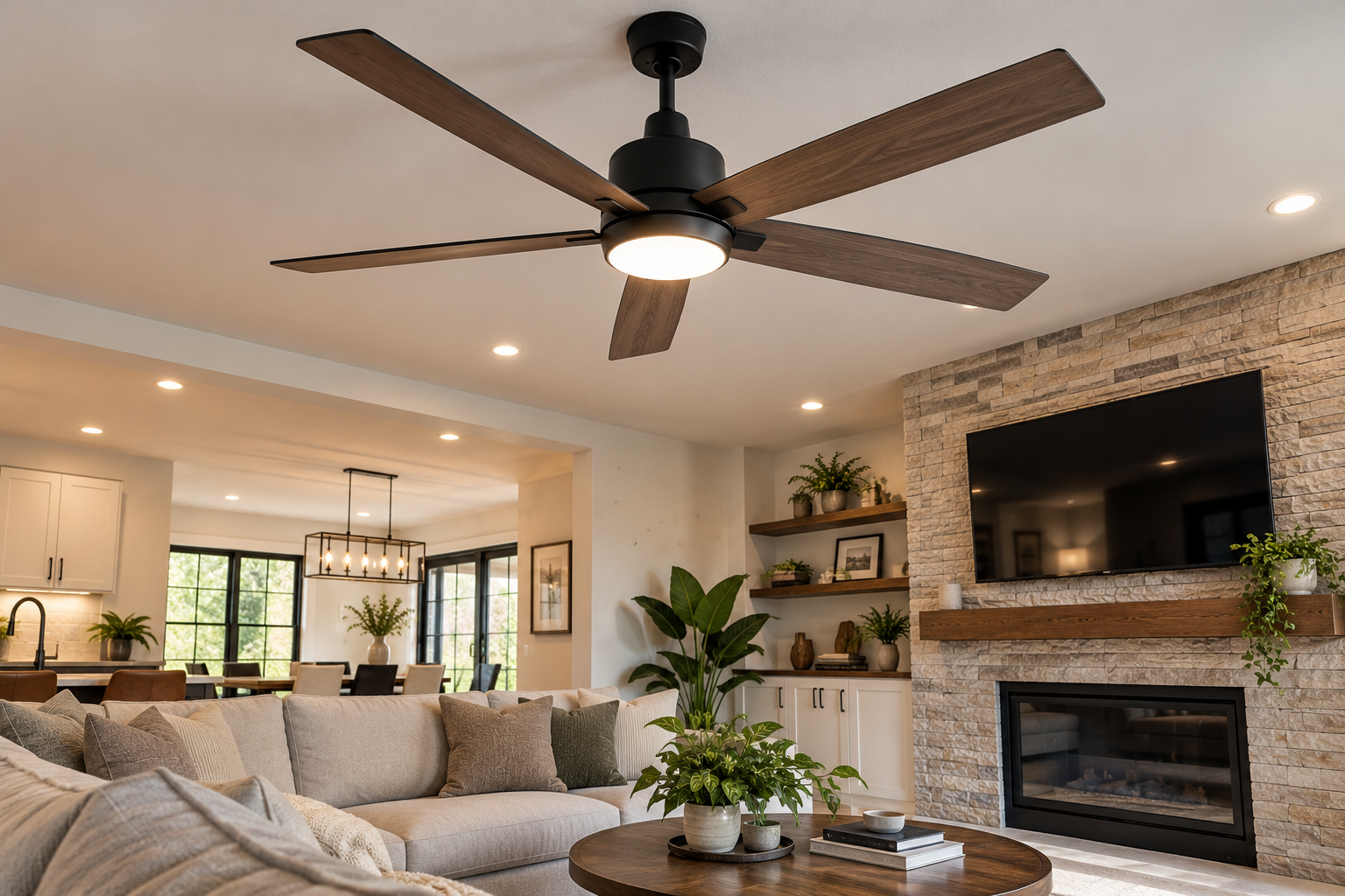 Illustrative wood-blade ceiling fan in a modern living room