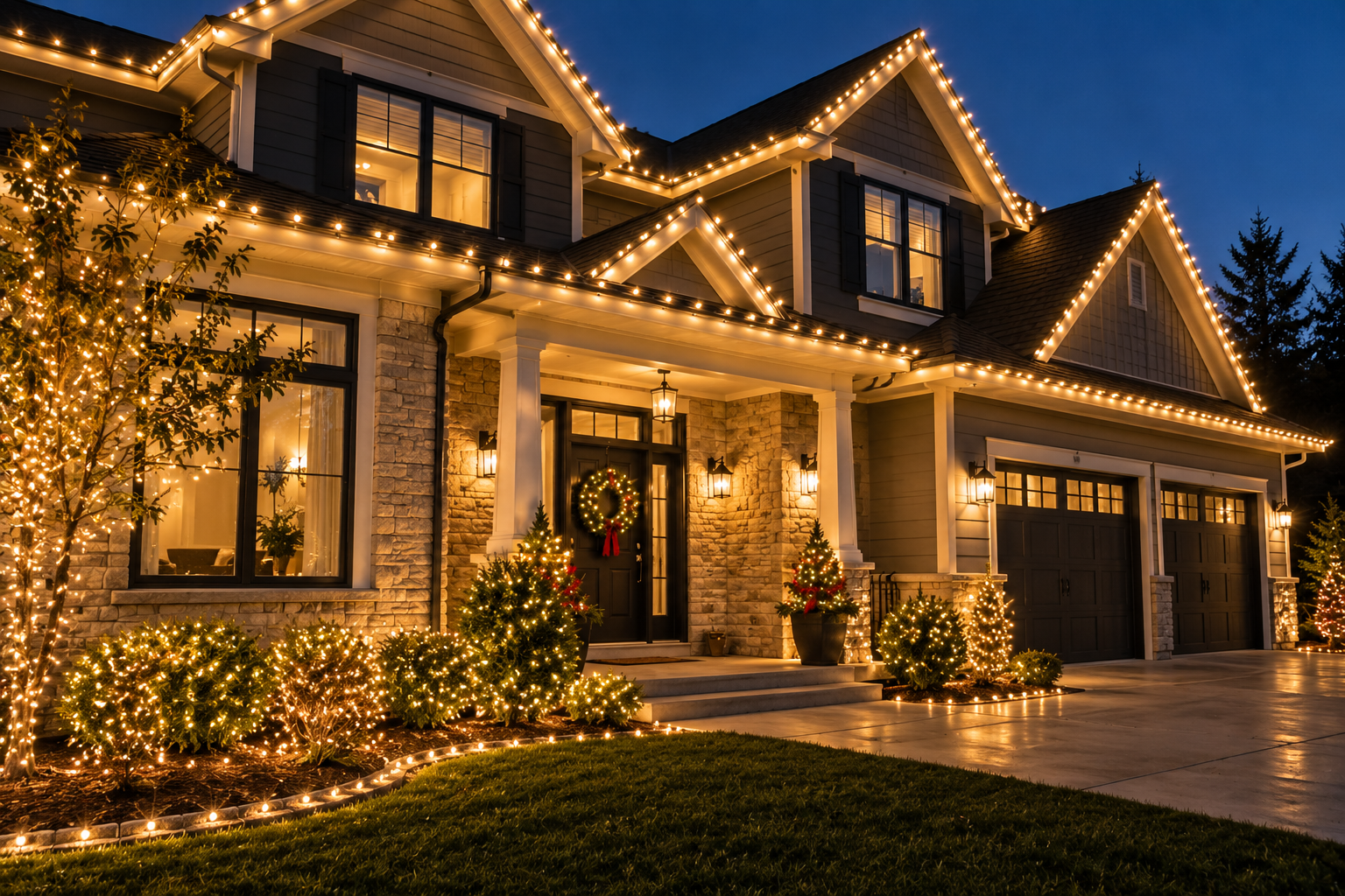 Illustrative house and garden decorated with Christmas lights