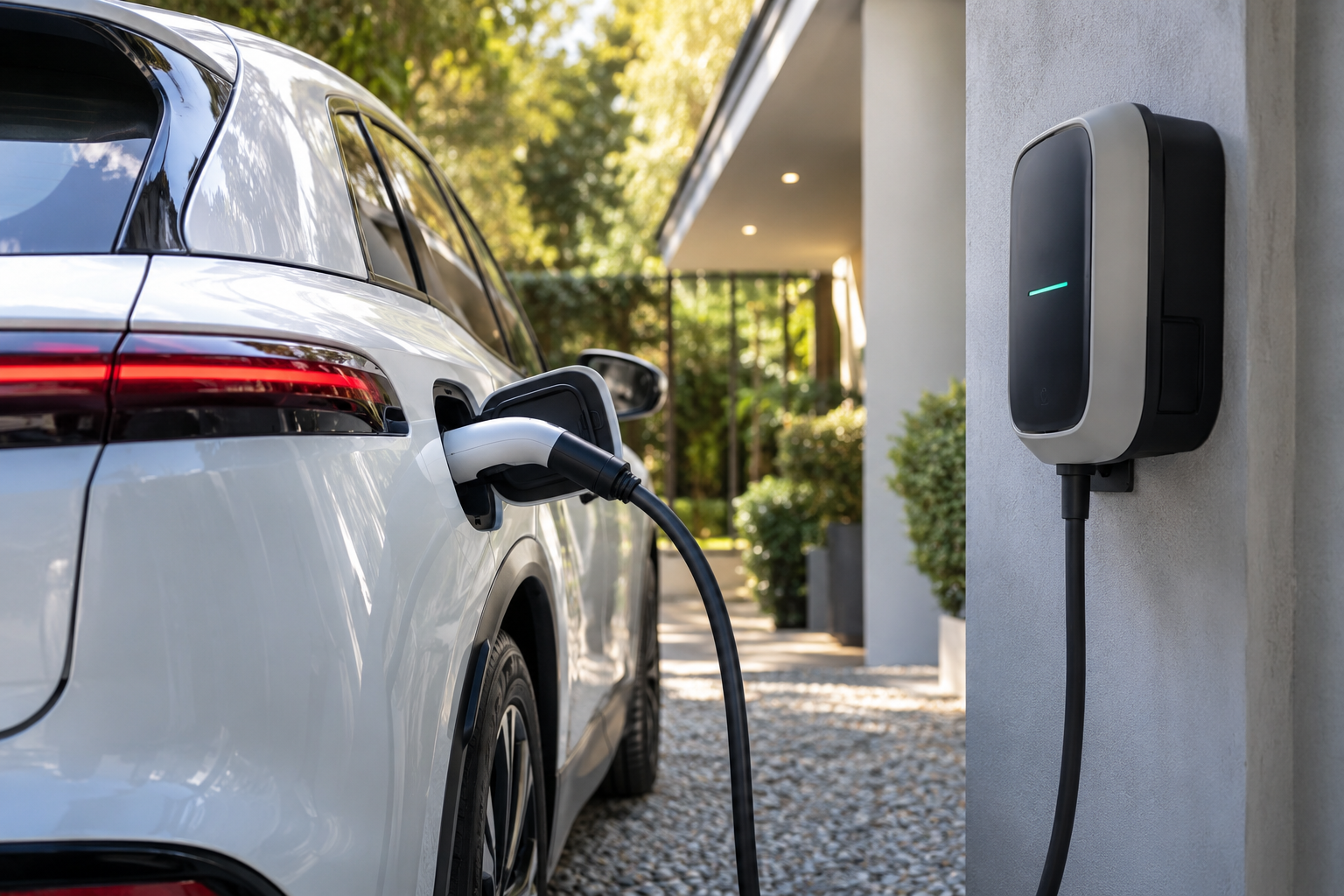 Illustrative home EV charger connected to an electric vehicle