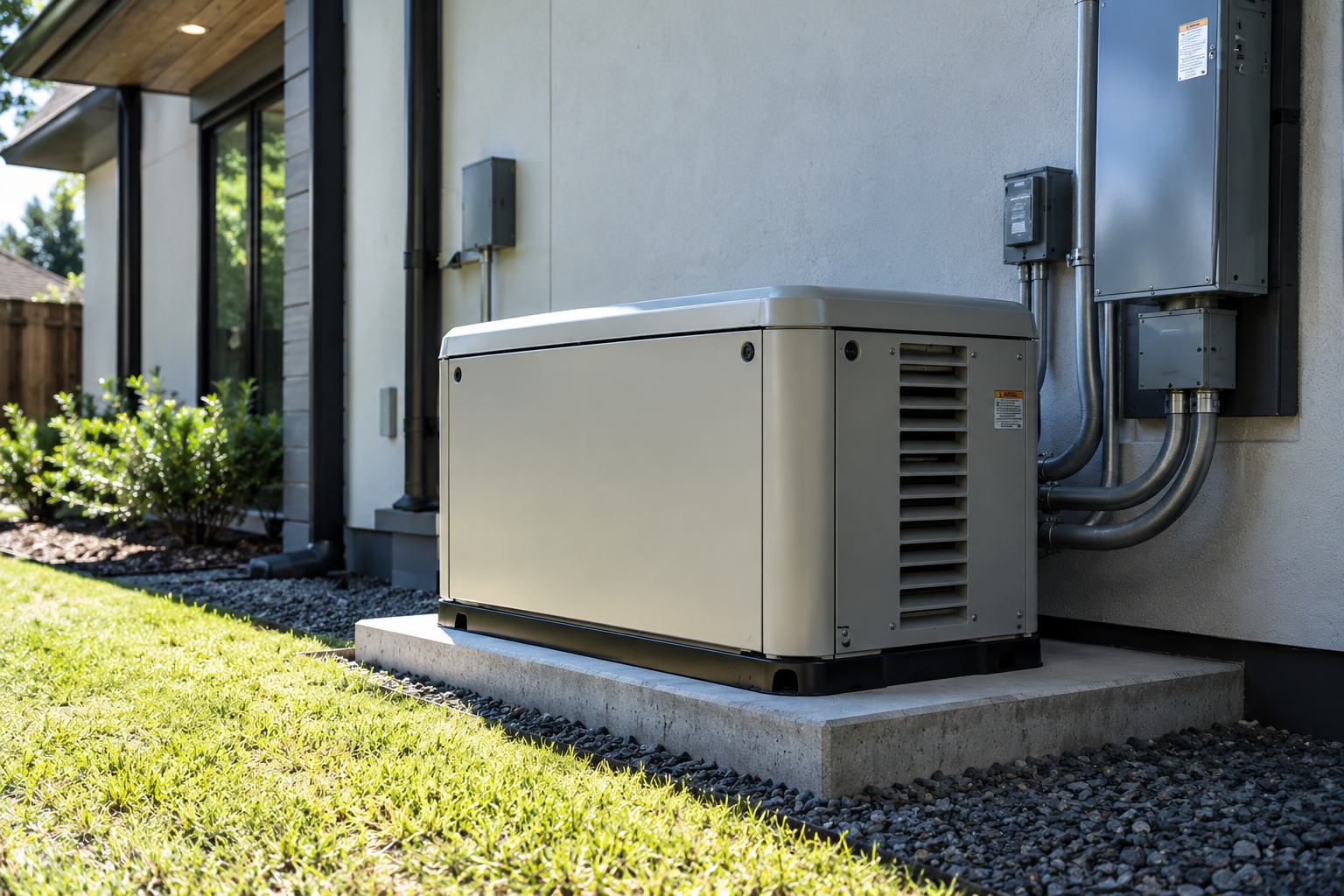Illustrative standby generator beside a contemporary home