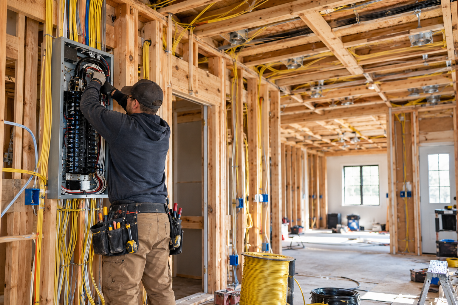 Illustrative electrician rewiring a home with exposed timber framing