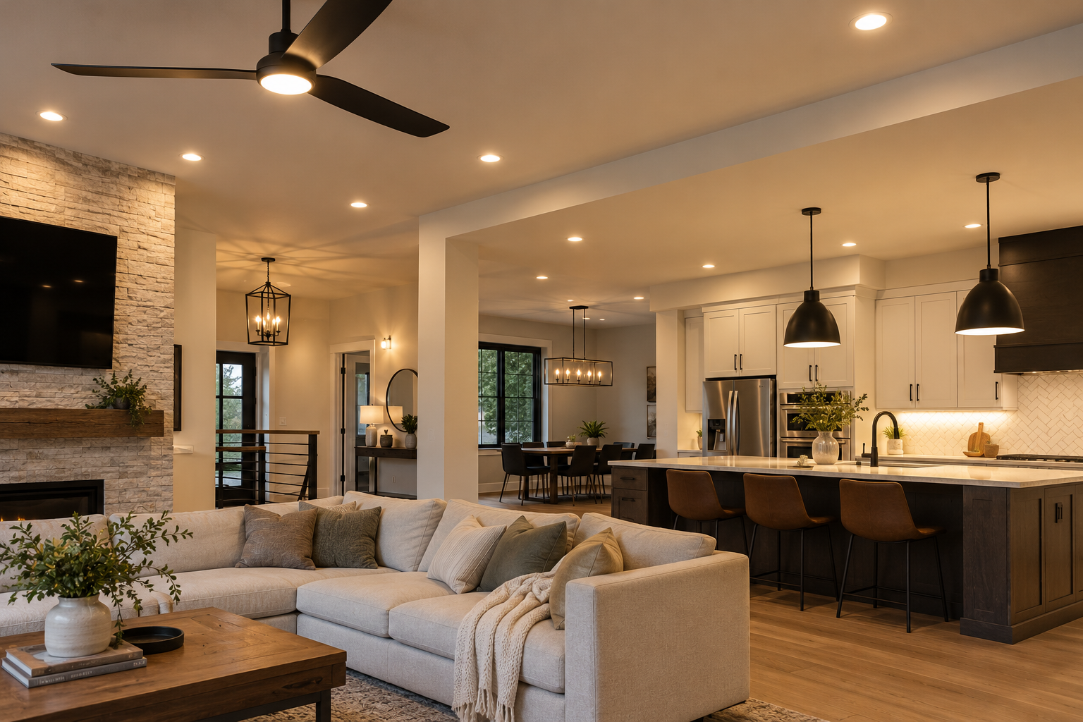 Illustrative recessed LED lighting in an open-plan living room and kitchen