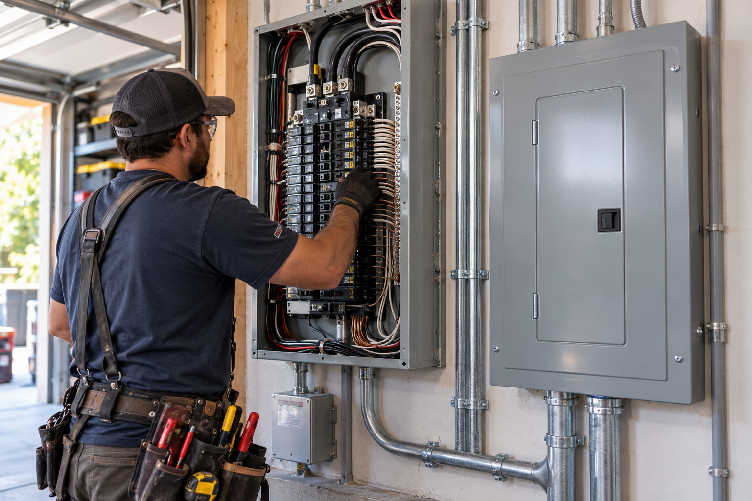 Illustrative electrician working on a residential electrical panel